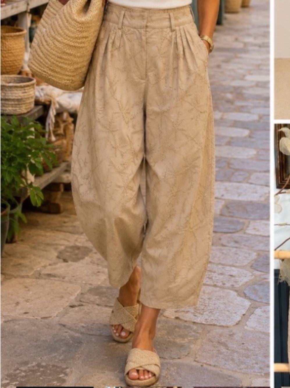 House of Harlow Botanical Embroidered Tan Cotton Cropped Barrel Pants Sz M